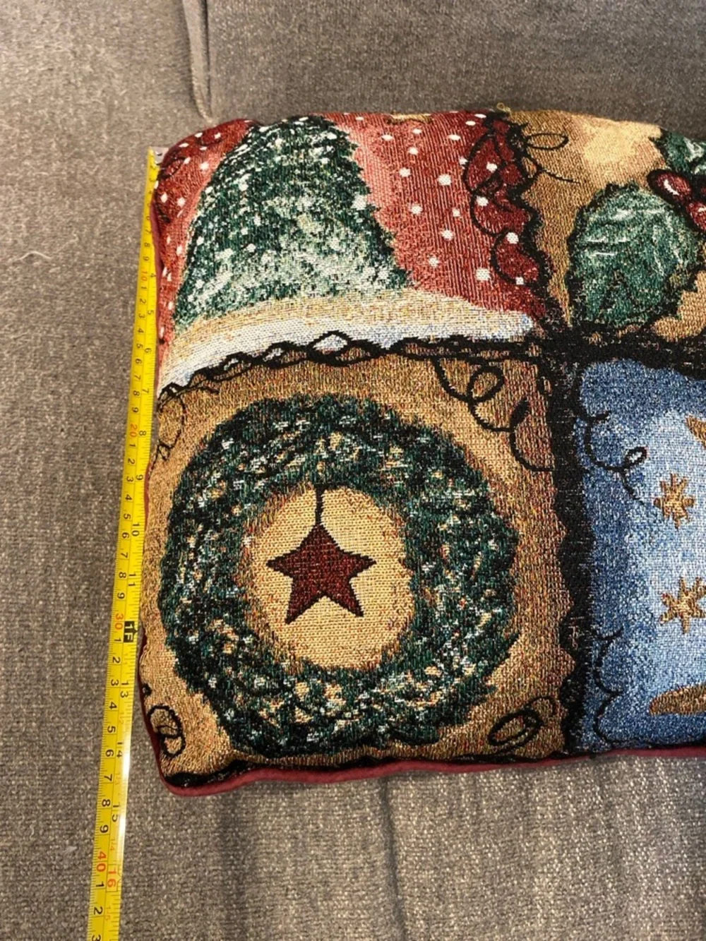 Vintage Christmas Tapestry Pillow Tree Wreath Moon Holly
